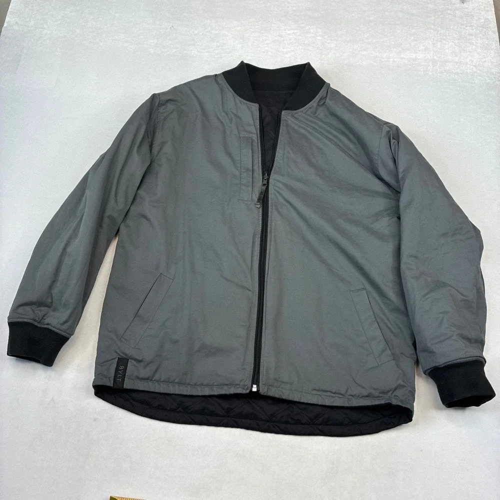 BYLT Bomber Jacket Mens XL Black Grey Reversible Quilted Full Zip Modern Coat